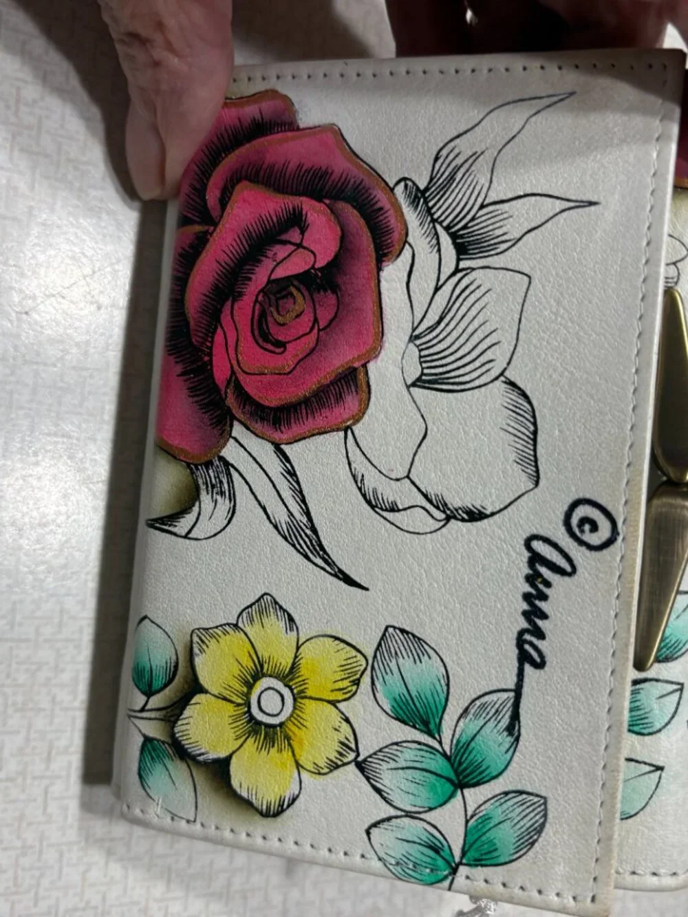 NWT Anna By Anuschka Trifold Wallet in Cream color with Red, Blue % Purple